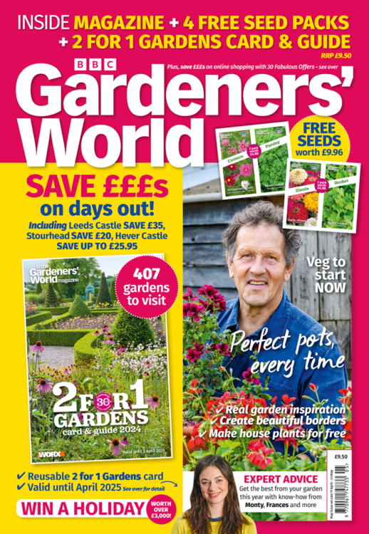 BBC Gardeners’ World Magazine: May 2024 with 2-for-1 Gardens card & guide magazine + 4 free packs of seeds