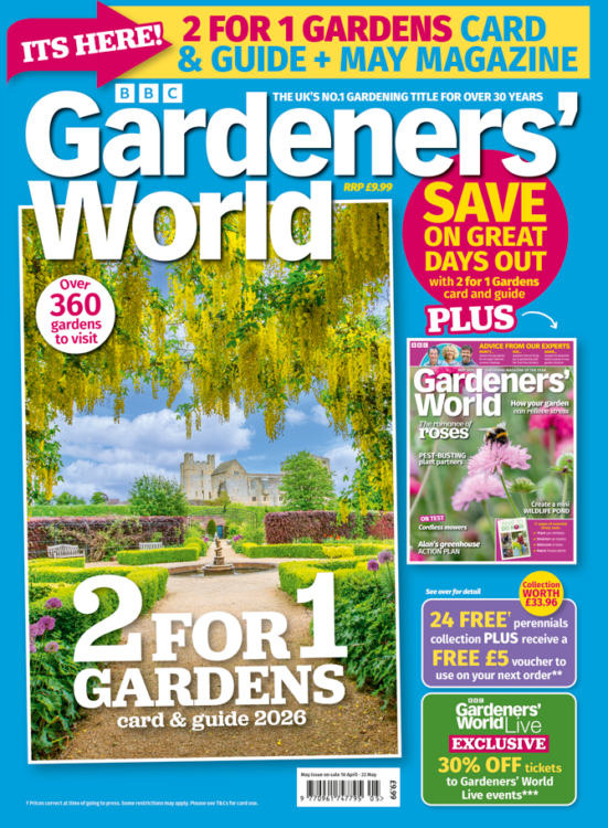 BBC Gardeners’ World Magazine May 2026 with 2-for-1 Gardens Card & Guide